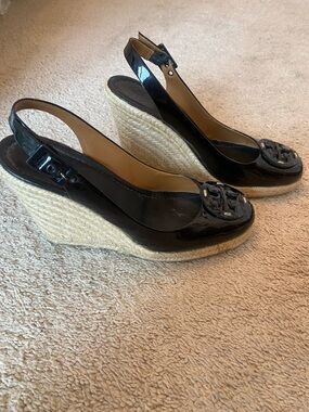 Tory Burch Black Patent Espadrille Wedge Slingback with Logo Toe